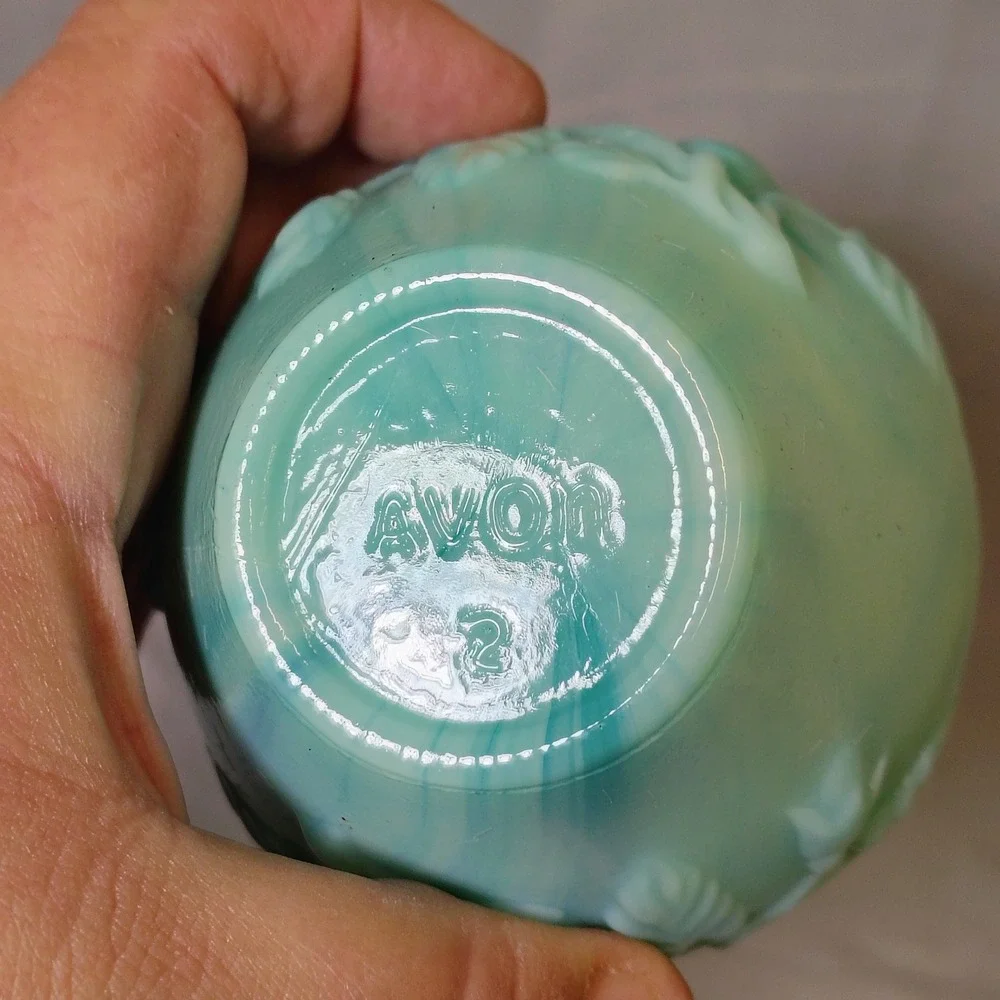 Avon Vintage Green Teal Slag Glass Roses Mini Pitcher and Bowl Basin‎ Set
